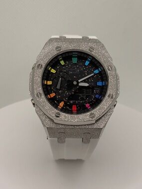 G-Shock Silver Glitter Case with White Band and Rainbow Markers